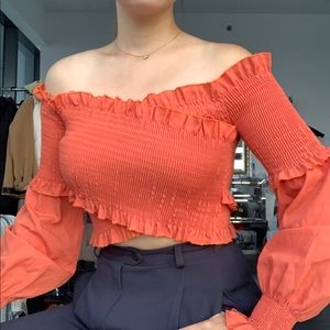 Off the shoulder orange puffed long sleeve